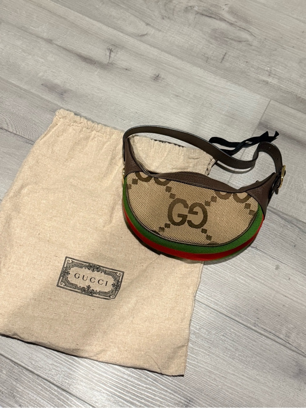 Gucci Brown GG Canvas Crescent Crossbody with Green & Red Stripe